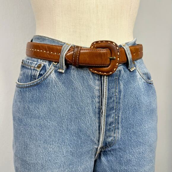 Fossil Brown Leather Belt Contrast Stitch Covered Buckle Size M Y2K - Picture 1 of 7